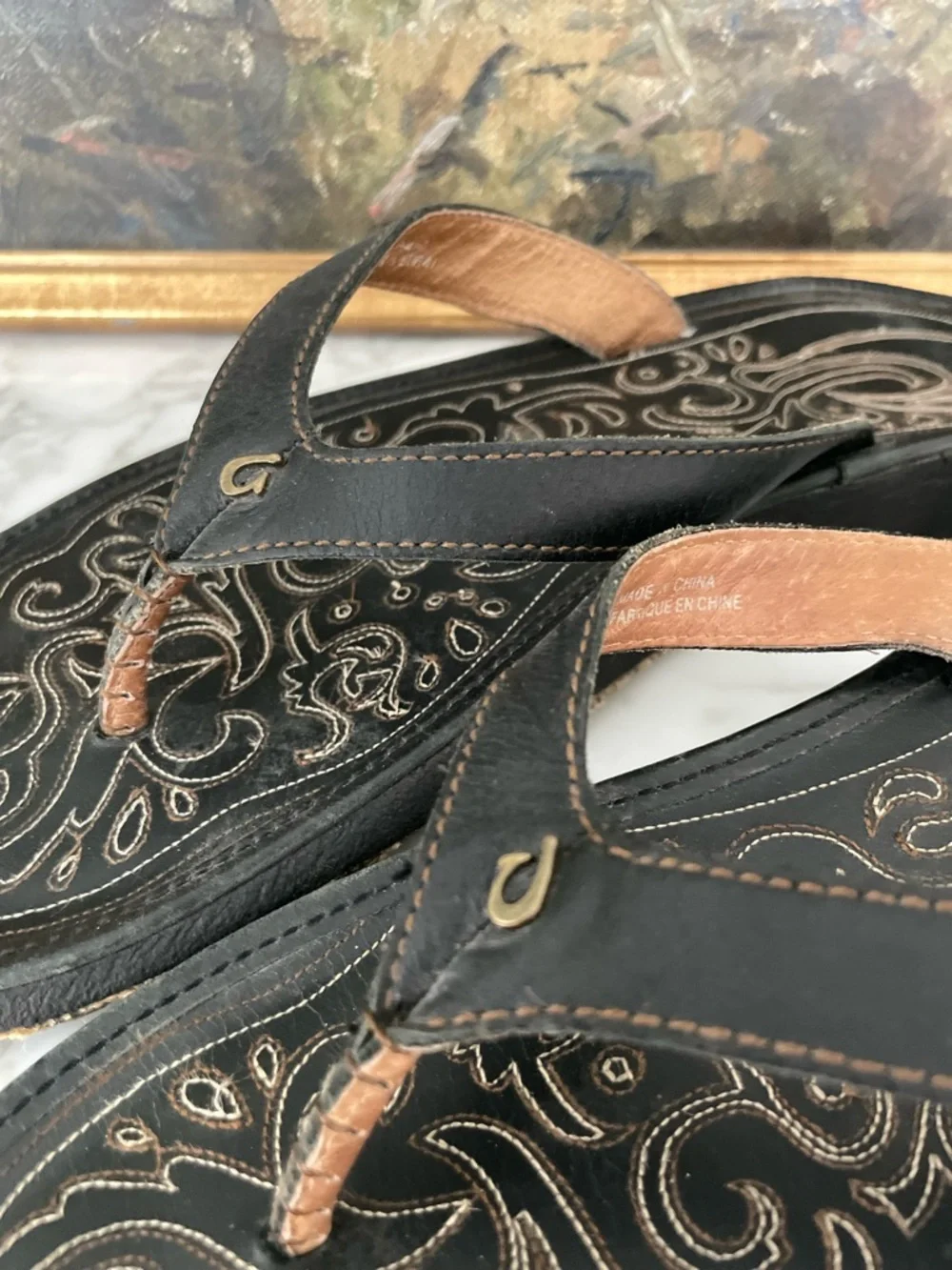 Olukai Paniolo Flip Flop Black Leather Sandals Size 11 - Picture 5 of 9